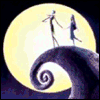 Animated sequence of two stick-figure characters holding hands atop a spiral hill under changing colored moons.