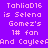Pixelated text on a split background with purple and black sections, displaying fan claims for Selena Gomez and Caylee.