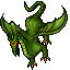 Green dragon-like creature with orange eyes, four limbs, and large wings in two distinct poses against a gray background.
