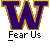 A static contact sheet of two identical AIM buddy icons featuring a large purple 'W' with yellow outline, the text 'Fear Us', and promotional text for badassbuddy.com on a gray background.