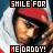 repeated images showing a person in red cap and white hoodie with text overlays reading 'SMILE FOR' and 'HE DADDY!' on dark blue background