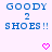 Blue pixelated text 'GOODY 2 SHOES !!' on light purple background with two pink heart icons below.