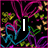 Animated icon with shifting text over a colorful abstract background of pink, blue, and green lines on black.