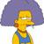 Pixelated character with yellow skin, large purple afro, blue overalls, and a brown collar, facing right with a neutral expression.