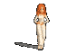 A animation of a single female figure with long orange hair in white clothing performing various poses against a solid gray background