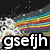 Rainbow streaks and white circular patterns on a dark background with the text 'gsefjh' in bold black-and-white lettering.
