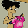 Cartoon character with short black hair holds up a pink shirt with a white heart design against a plain background.
