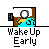 Animated icon shows a hand pressing an alarm clock button with blue water splashing, transitioning to digital time display.