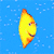 A yellow-orange cartoon fish with blue eyes and a smiling mouth rotates through multiple angles against a blue background with white speckles.