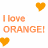 Pixelated orange text "I love ORANGE!" with four orange hearts on white background, one heart replaced by a heart symbol in bottom-left view.