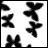 Black and white pixelated butterfly shapes in various sizes and orientations on a white background, with some appearing blurred or distorted.