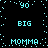 Pixelated cyan text on black background with scattered dots, displaying 'YO', 'BIG', and 'MOMMA' in a pattern