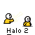 Pixel art of two yellow-clad figures with white heads, one emitting a light effect toward the other; text "Halo 2" below each frame.