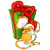 Animated contact sheet showing 11 frames of a Christmas-themed buddy icon with a gift box, running stick figure, and changing text.