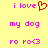 Yellow background with pink text and red heart symbol; two identical static side-by-side showing 'i love my dog ro ro<3' in pixelated font
