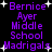 Purple pixelated text on black background with white starbursts, repeating 'Bernice Ayer Middle School Madrigals' in two