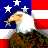 Static pixel art of a bald eagle head against an American flag background with stars and stripes, rendered in low-resolution digital style.