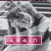 repeated grayscale images showing a person with tied hair, overlaid with changing text labels in pink rectangular boxes