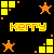 Pixel art contact sheet showing two animated frames of a buddy icon with yellow and orange geometric shapes, stick figures, stars, and the name "KERRY" in pixelated text.