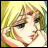 Pixelated anime-style character with blonde hair and green eyes, resting hand on chin against a yellow background, next to stylized text on black.