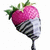 Pixelated strawberry with green leaves, pink top, and striped black-and-white lower half on white background.