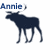Dark blue moose silhouette with antlers, text "Annie" in blue sans-serif font positioned above or below the animal across four views.