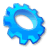 Blue gear-shaped icon with gradient shading and white outline on gray background.