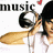 A person with dark hair and glasses holds a black turntable tonearm near their face, wearing a white shirt against a background of repeated 'music' text and red hearts.