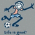 Pixelated character in blue and orange clothing kicks a soccer ball on gray background with partial text below.