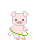 Pixelated pink pig with black eyes and a pink snout holds green hula hoop in three distinct poses against gray background.