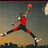 Pixelated static image of a basketball player in mid-air jump shot, wearing red jersey and black shorts with white sneakers.