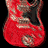 Red electric guitar with black pickguard and silver hardware, shown in three sequential animation frames against a black background.