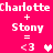 Pixelated text and symbols on a bright pink background with two side-by-side equations showing 'Charlotte + Stony = <3' followed by heart icons.