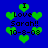 Blue background with green heart shapes and black text reading 'I Love Sarah!! 10-8-08' in pixelated style.