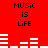 Red background with black text "MUSIC IS LIFE" and white audio equalizer bars in two , showing animation changes in bar heights