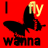 Red background with black silhouette of a figure holding yellow text 'fly' above and 'wanna' below, all pixelated.