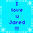 Blue background with white snowflake and dashed border, displaying purple text "I love u Jared !!!" in four identical quadrants.