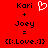 Red background displays two identical pixel art equations with black text and symbols, each showing 'Kari + Joey = [:.Love.:]'