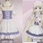 A pixelated anime-style character in a white and blue dress with a corseted bodice, shown from multiple angles including front, back, and side views.