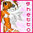 Pixelated angel figure with orange skin, white wings, and checkered shorts against pink background; vertical text reads 'angel' in red letters.
