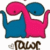 Two stylized elephant heads in pink and blue, facing each other with open mouths, above brown cursive text.