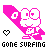 Pixelated pink cartoon character with white eyes and mouth, holding a surfboard on a diagonal pink background; black heart symbol above text reading 'gone surfing' in pixel font.