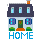 Pixel art house icon with blue text "HOME" displayed in a 2x2 contact sheet of four animated frames showing subtle color variations.