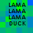 Pixelated text 'LAMA' and 'DUCK' repeated in a pattern on a green-blue pixelated background