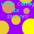 Pixelated graphic with repeating text and circular shapes on a purple background.