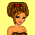 Pixelated cartoon-style icon of a woman with brown hair styled in an updo, wearing a red headband and strapless dress against a solid yellow background.