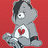 Pixelated gray cartoon character with black hair, white eyes, and a red heart on its chest against a solid red background.