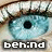 A close-up of a light blue eye with visible eyelashes and skin texture, featuring pixelated text overlays reading 'behind', 'blue', and 'eyes' across the lower portion.
