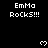 Black background with white pixelated text 'EmMa Rocks!!!' repeated across the image and small white heart symbols scattered throughout.