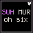 Pixelated text 'SUH MUR on six' animates across multiple color variations with small heart icons in top corners.